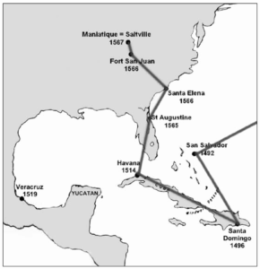 Dr. Jim Glanville’s historical map showing Spanish expeditions arriving in Saltville (Maniatique), Virginia, in 1567, based on 16th-century routes from Cuba to the American Southeast.