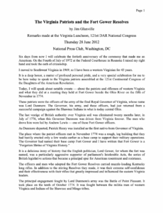 Cover page of Jim Glanville’s 2012 remarks on the Fort Gower Resolves and Virginia’s role in American independence, presented at the DAR National Congress - Holstonia.co