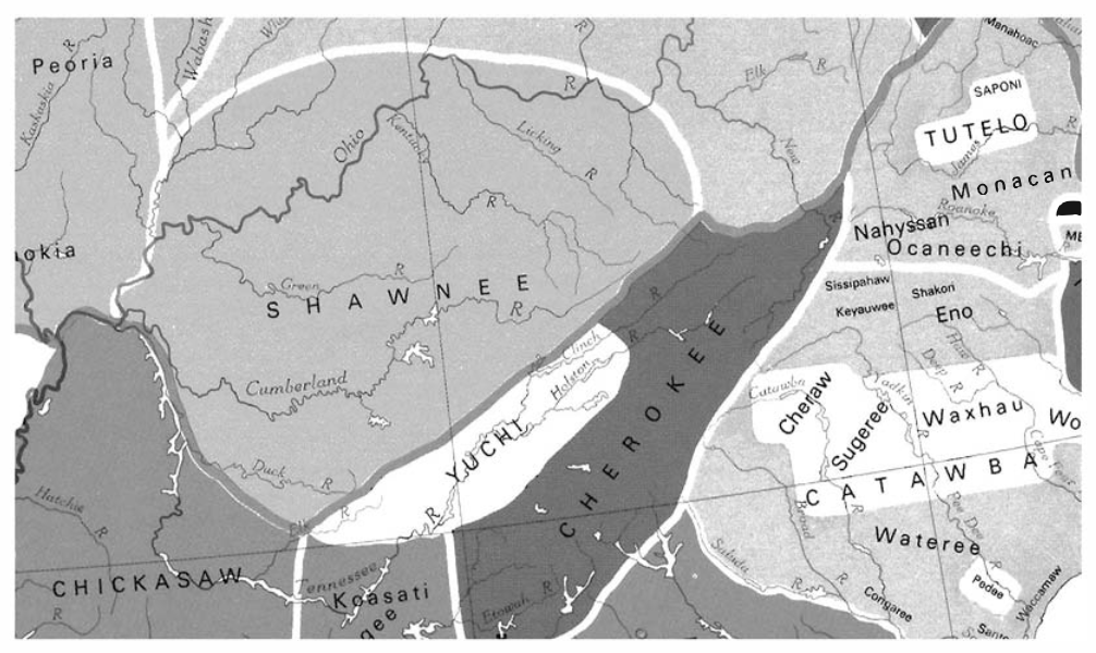 Map showing Yuchi, Cherokee, Shawnee, and allied tribal territories across the Appalachian region, based on the 1857 intertribal roll - Holstonia.co