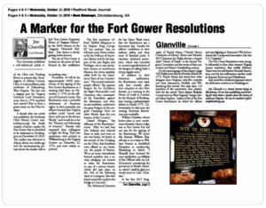 Local Historian newspaper column titled “A Marker for the Fort Gower Resolves” by Dr. James O. Glanville, published in 2019, with a photograph of the Fort Gower historical marker.